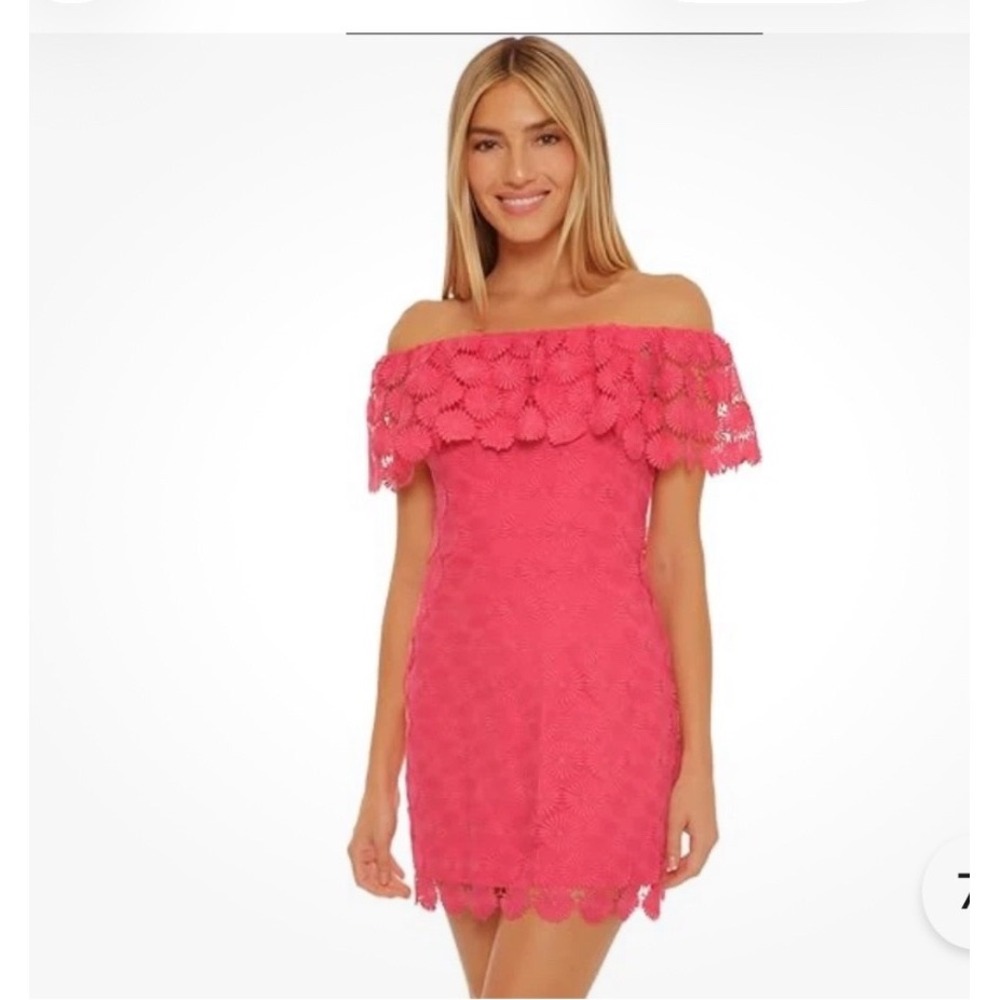 NWT Trina Turk Bardot Daisy Crochet Off Shoulder Dress Cover Up Pink L Resort